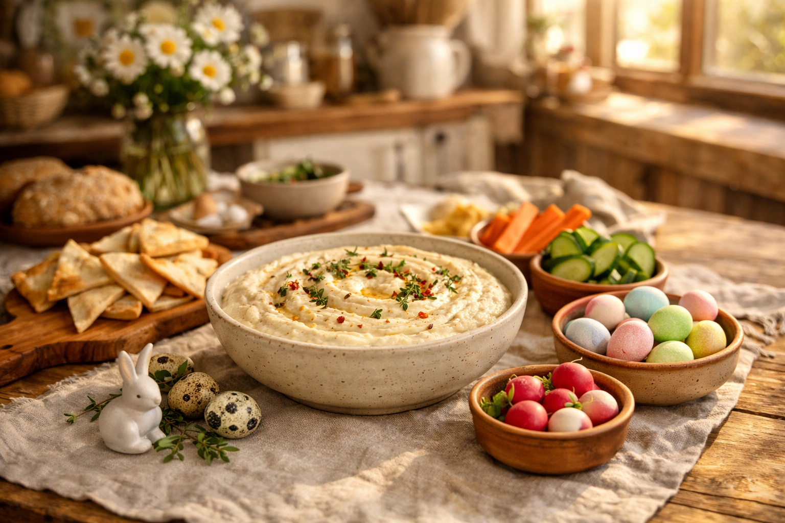 A wide shot of a rustic farmhouse kitchen table set for a spring Easter gathering, with a large ceramic bowl of creamy white bean dip centered on a linen-covered surface surrounded by scattered fresh thyme sprigs, dried red pepper flakes dusted across the top of the dip, small terracotta dishes, and olive wood serving boards fanned with pita and vegetables — the full table stretching into the background where warm afternoon light pours through an open window onto a cluttered but inviting kitchen counter, giving the whole scene a lived-in, convivial atmosphere with depth and scale that pulls the eye from the dip outward to the surrounding spring kitchen environment.