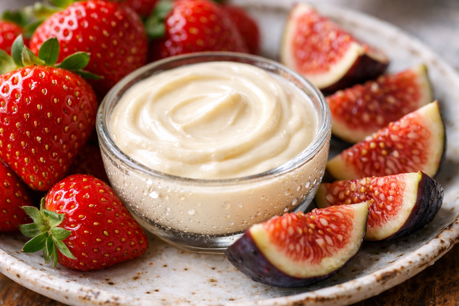 Close-up macro photograph of a small glass bowl of pale ivory cream dip with a smooth, slightly glossy surface, resting directly beside a cluster of fresh strawberries with their bright red skin and tiny white seeds visible in sharp detail, a few sliced figs showing their jewel-toned pink interior scattered nearby on a weathered white ceramic plate. Natural diffused window light rakes across the surface of the dip, catching the faint ripple texture from a spoon drag, while condensation droplets cling to the outside of the chilled glass bowl. Shot from just above at a tight angle, filling the entire frame with the contrast of creamy white dip against the vivid reds and purples of the fresh fruit, no people, no background, no text visible.