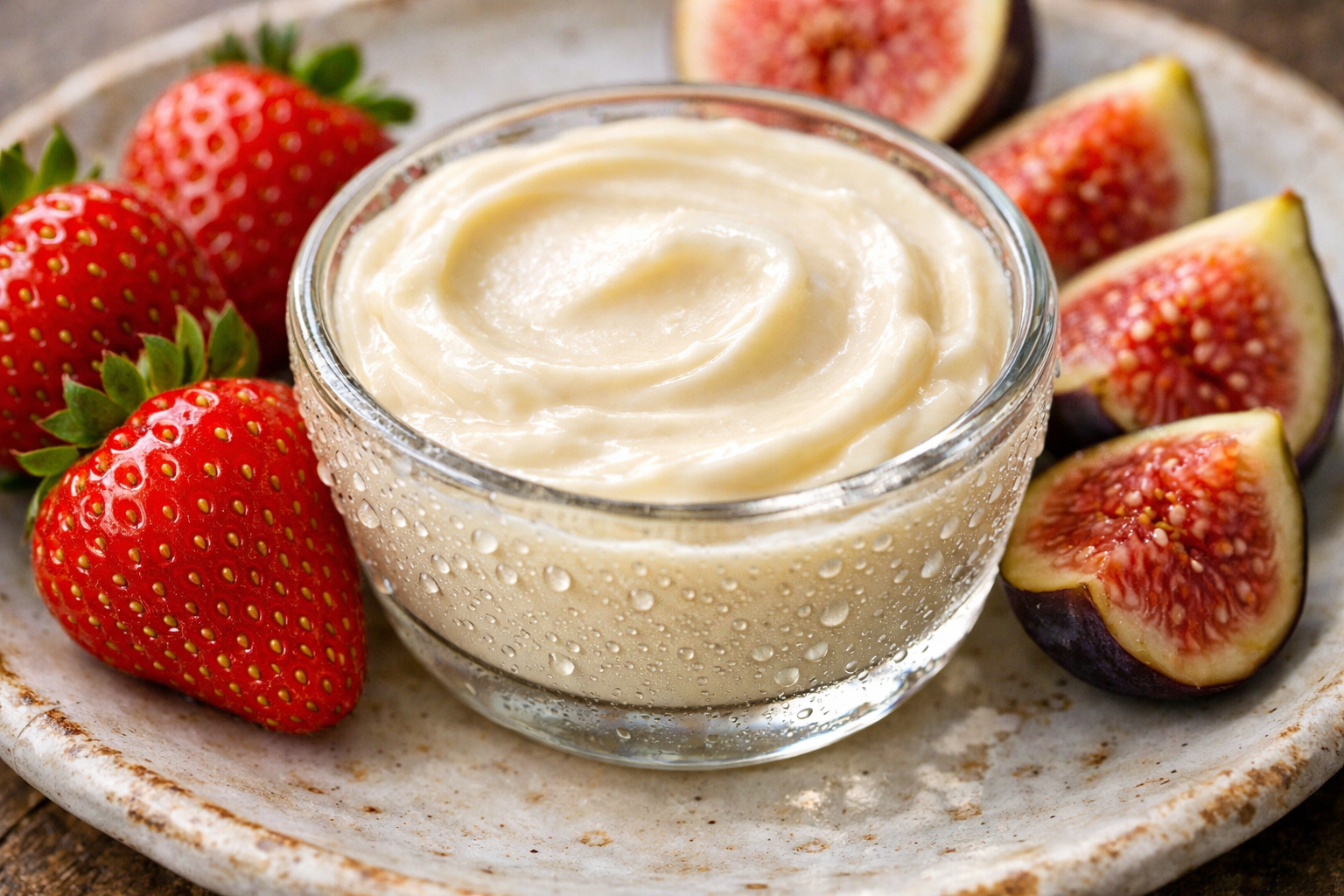 Close-up macro photograph of a small glass bowl of pale ivory cream dip with a smooth, slightly glossy surface, resting directly beside a cluster of fresh strawberries with their bright red skin and tiny white seeds visible in sharp detail, a few sliced figs showing their jewel-toned pink interior scattered nearby on a weathered white ceramic plate. Natural diffused window light rakes across the surface of the dip, catching the faint ripple texture from a spoon drag, while condensation droplets cling to the outside of the chilled glass bowl. Shot from just above at a tight angle, filling the entire frame with the contrast of creamy white dip against the vivid reds and purples of the fresh fruit, no people, no background, no text visible.