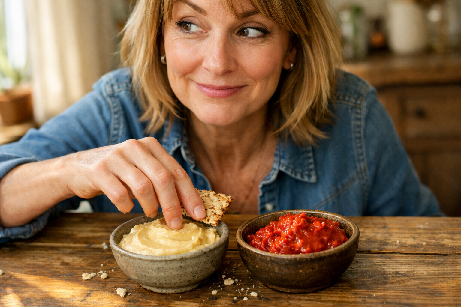 A candid close-up photograph of a middle-aged woman at a sunlit kitchen table, her hand mid-reach between two small ceramic bowls — one filled with a pale golden honey-ricotta dip and the other a deep red roasted pepper hummus — her eyes glancing sideways with a playful, indecisive expression as if genuinely torn between the two choices. Natural afternoon window light casts warm shadows across the wooden table surface, a half-eaten cracker visible between her fingers, the moment completely unposed and spontaneous.