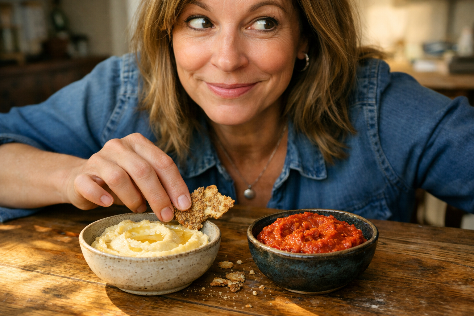 A candid close-up photograph of a middle-aged woman at a sunlit kitchen table, her hand mid-reach between two small ceramic bowls — one filled with a pale golden honey-ricotta dip and the other a deep red roasted pepper hummus — her eyes glancing sideways with a playful, indecisive expression as if genuinely torn between the two choices. Natural afternoon window light casts warm shadows across the wooden table surface, a half-eaten cracker visible between her fingers, the moment completely unposed and spontaneous.