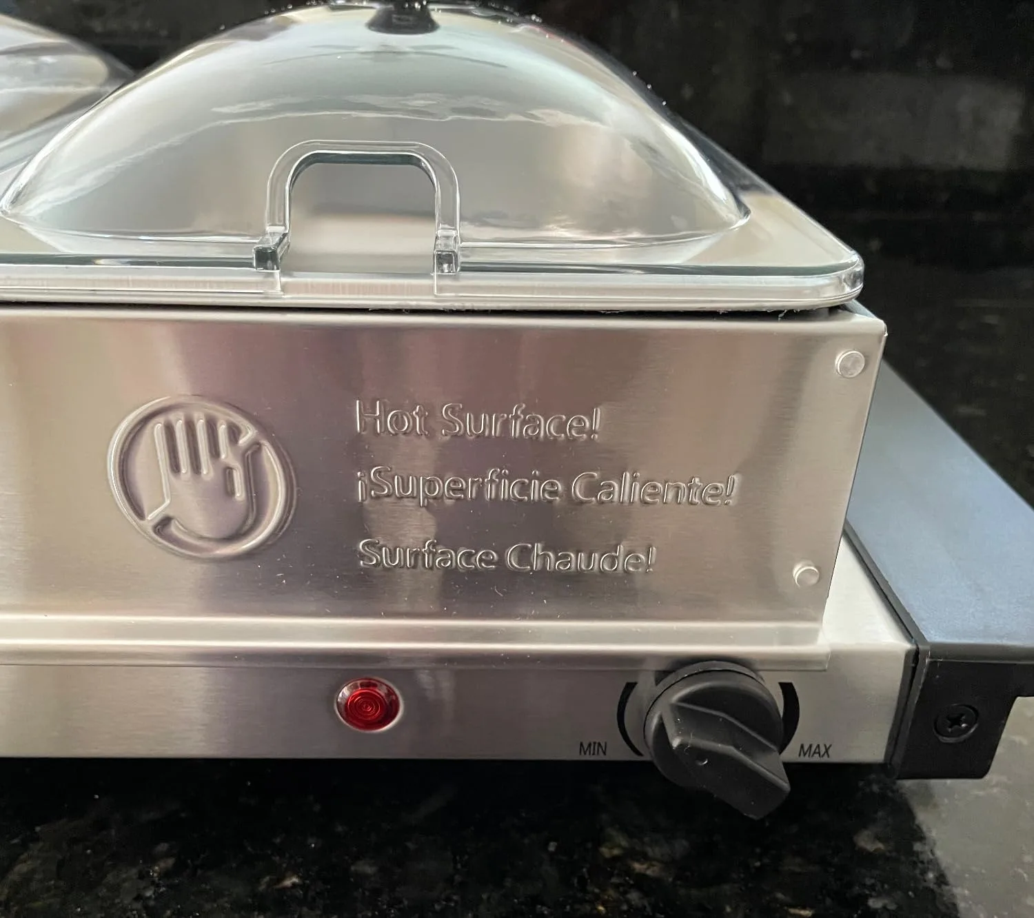 Customer photo of triple dip warmer set with three heated compartments ready for party dips
