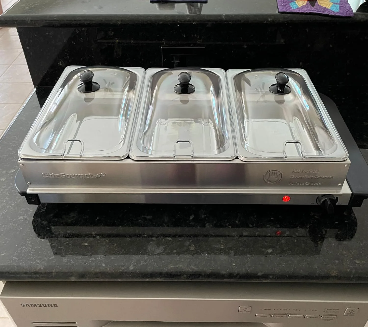 Customer photo of triple dip warmer set with three ceramic bowls filled with different dips at a party