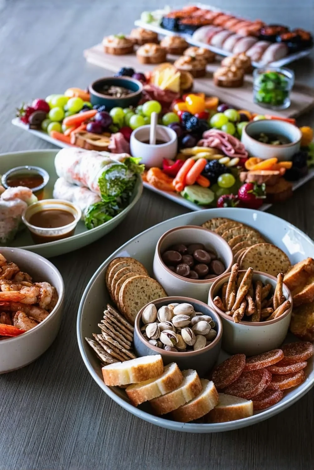 Customer photo of Greek dip served in a white bowl with pita chips and fresh vegetables on a mezze platter