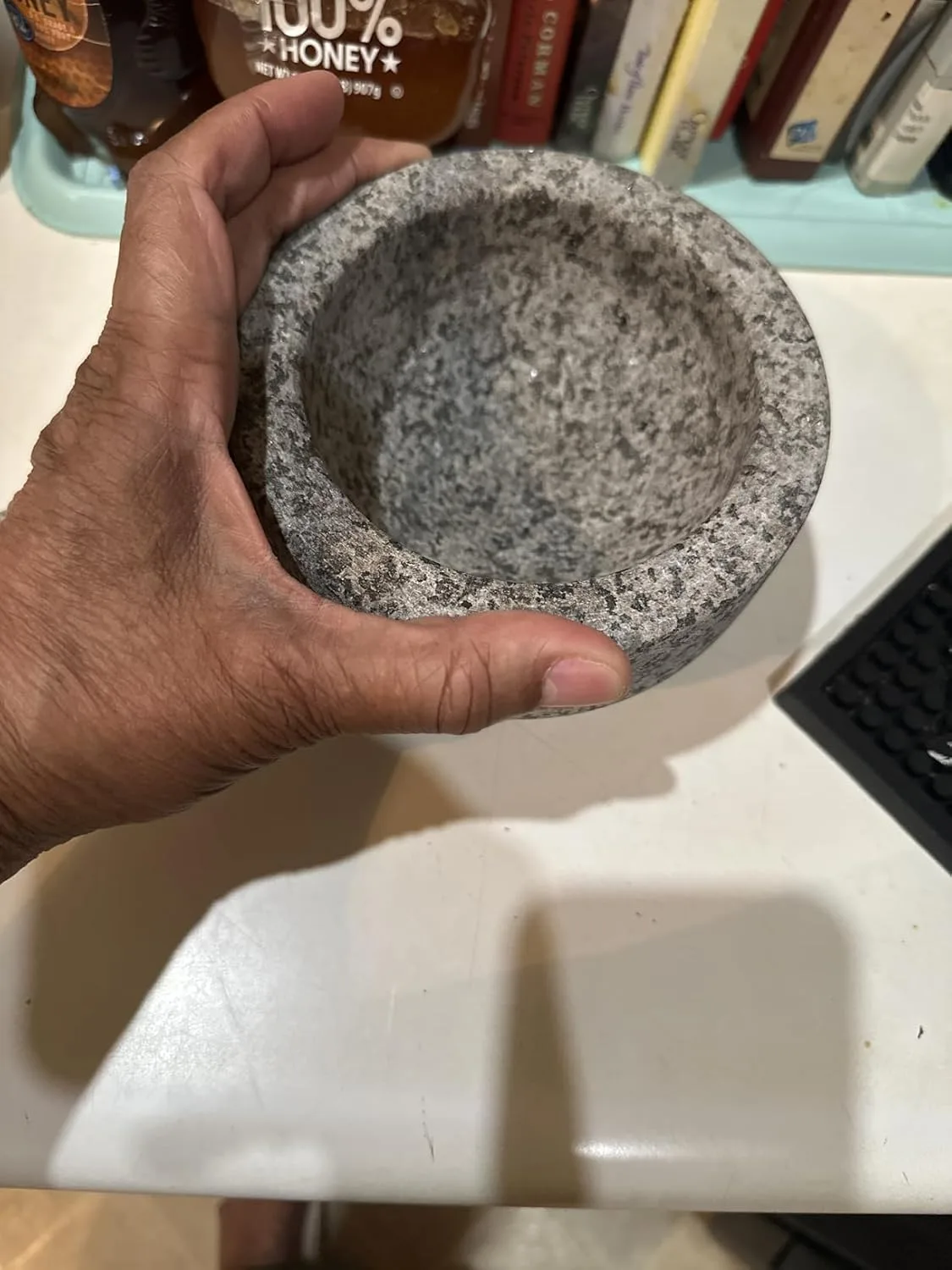 Customer photo of mortar and pestle filled with freshly mashed avocado and guacamole ingredients