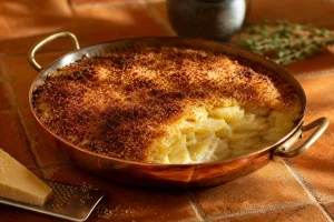 Au Gratin Potatoes: A Cheese Sauce That Does Not Break and a Crust That Does