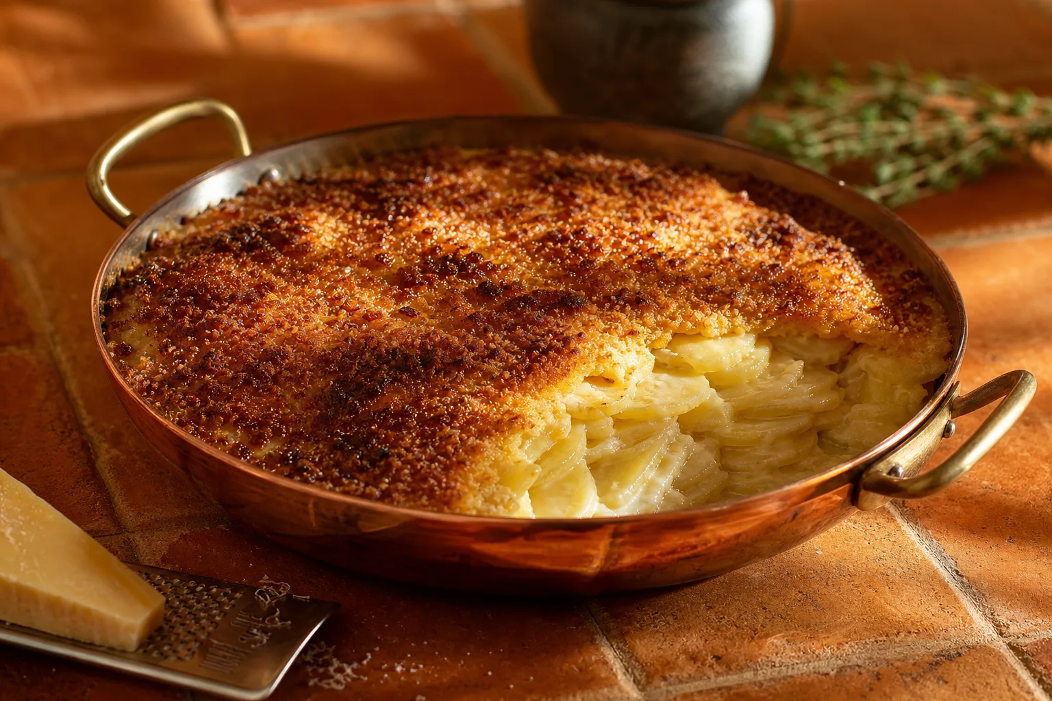 Potatoes au gratin in a wide copper pan with a browned breadcrumb crust broken open over layered potato slices