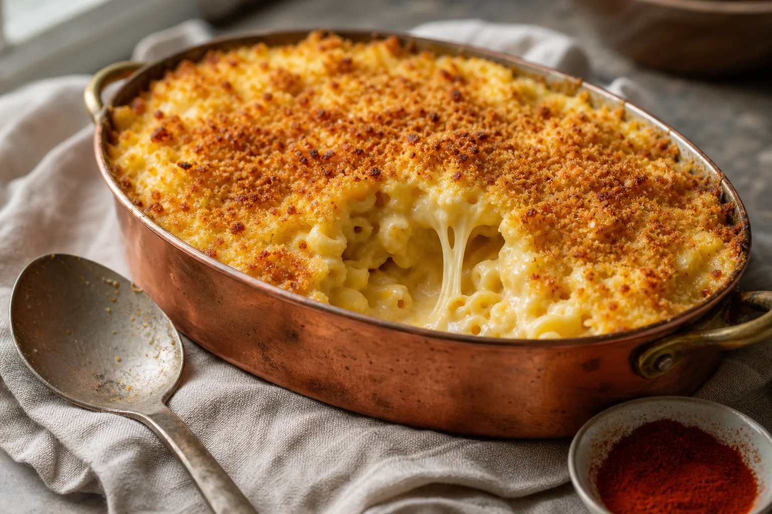 Baked macaroni and cheese in a copper gratin dish with a golden breadcrumb crust broken open to show the cheese sauce