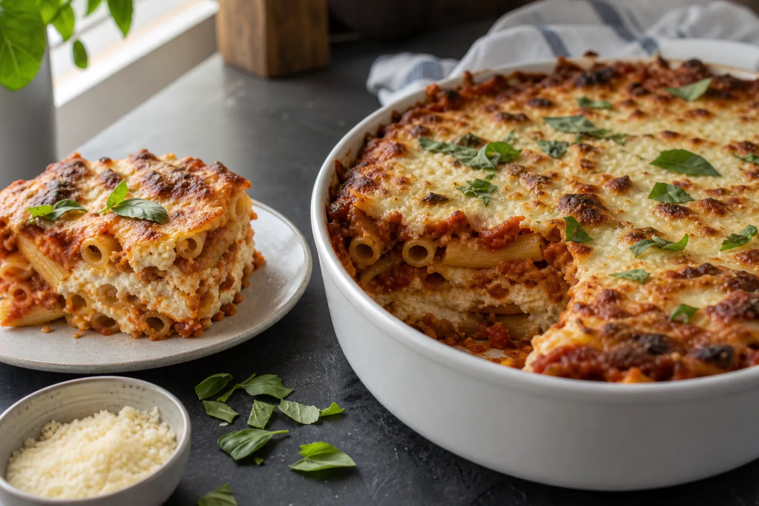 Baked ziti in a white oval dish with browned cheese on top and one portion lifted out showing ricotta layers
