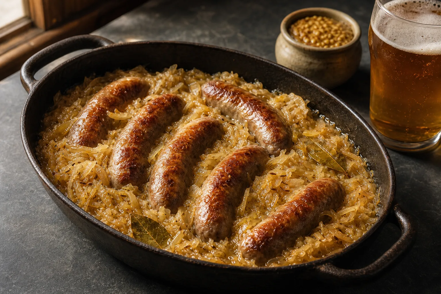 Browned bratwurst links nestled in golden sauerkraut and onion in a cast iron braiser, with grainy mustard alongside