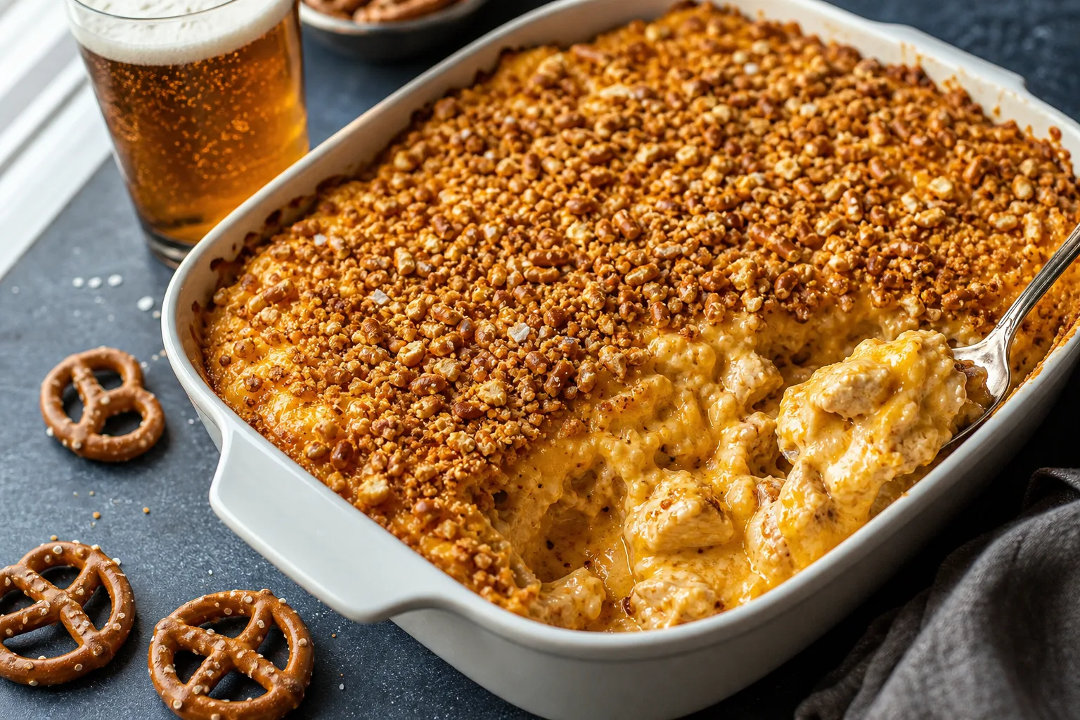Beer cheese chicken casserole in a white dish, browned crushed pretzel crust, cheese sauce bubbling at one corner