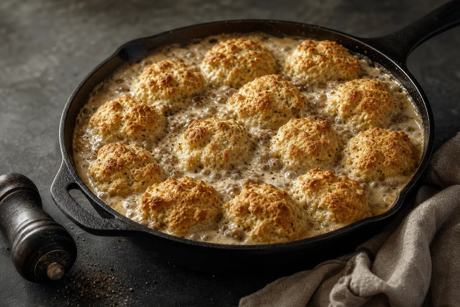 Biscuits and gravy casserole in a cast iron skillet with twelve golden drop biscuits on bubbling peppery sausage gravy