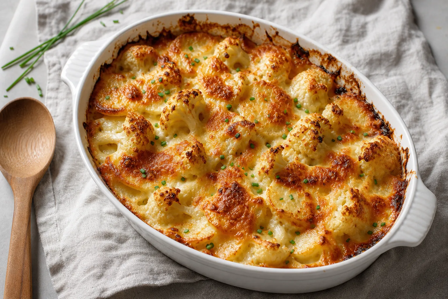 Baked cauliflower and potato au gratin in a white dish with deeply browned cheese on top and chives scattered over it
