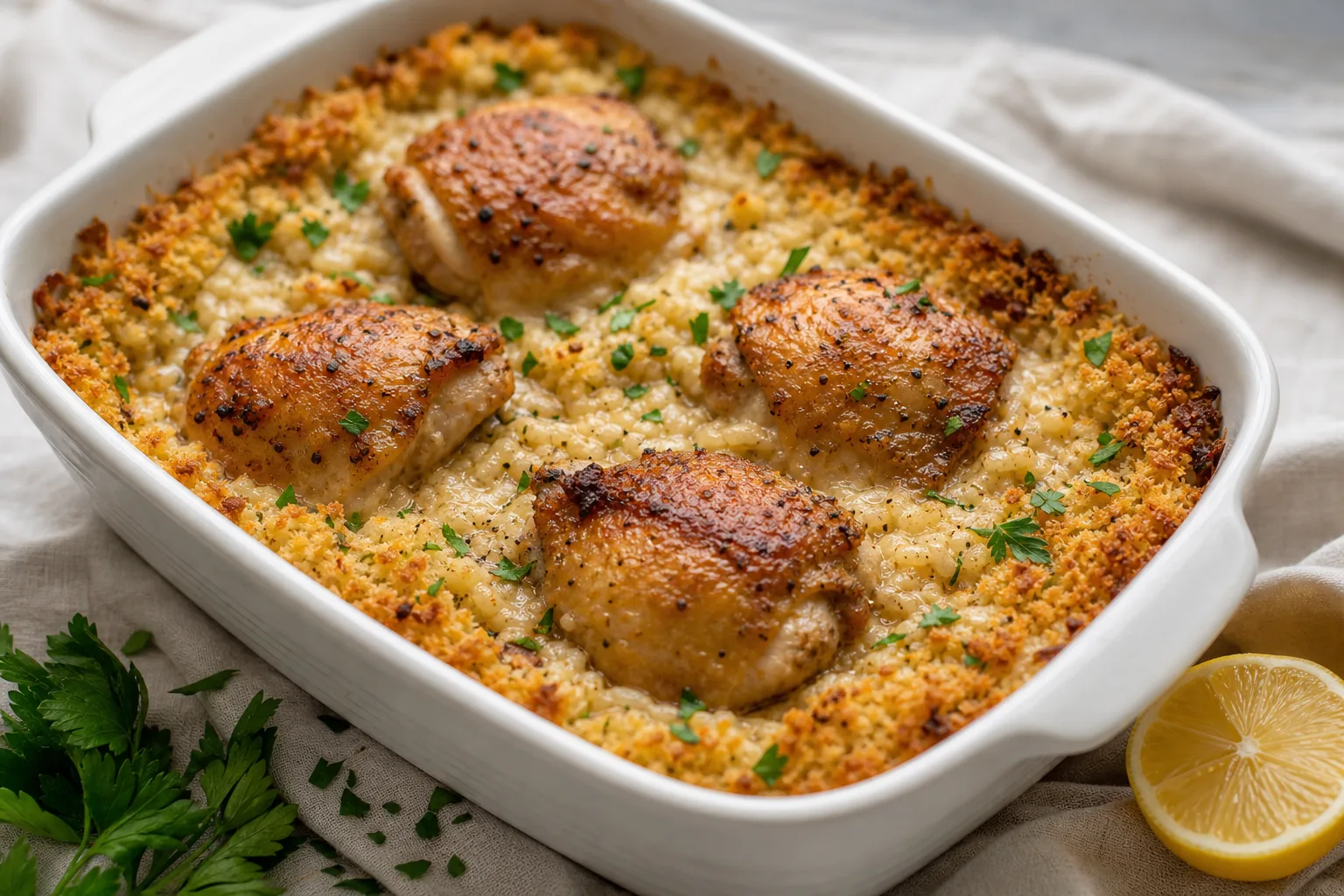 Chicken and rice casserole in a white dish, browned chicken thighs on creamy rice with a golden panko crust at the edges