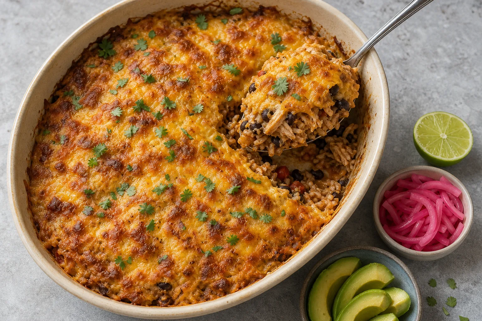 Chicken taco casserole in a cream dish, one spoonful lifted out to show shredded chicken and black beans under browned cheese