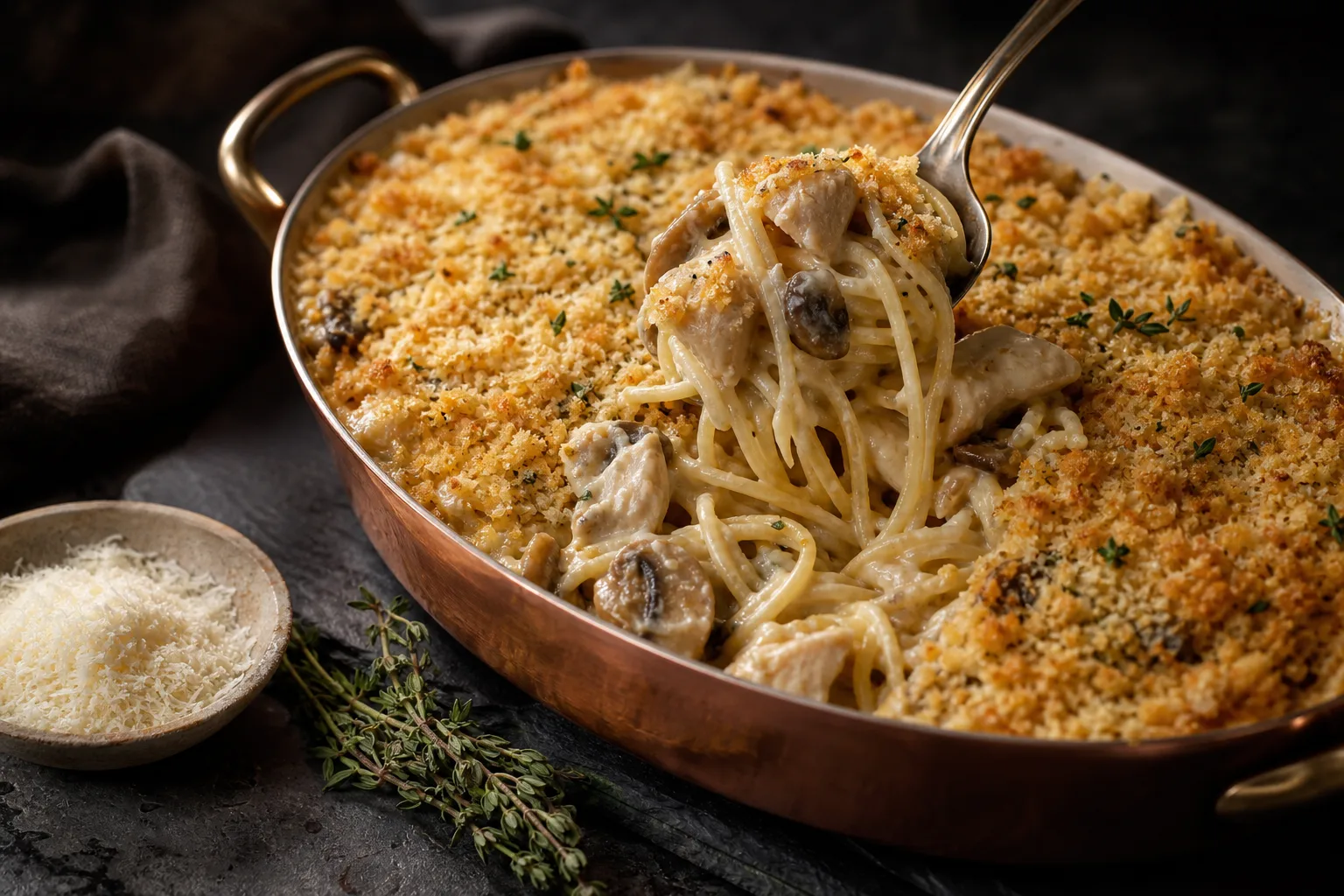 Chicken tetrazzini in a copper gratin dish, a spoon lifting spaghetti in cream sauce with mushrooms under a crumb crust