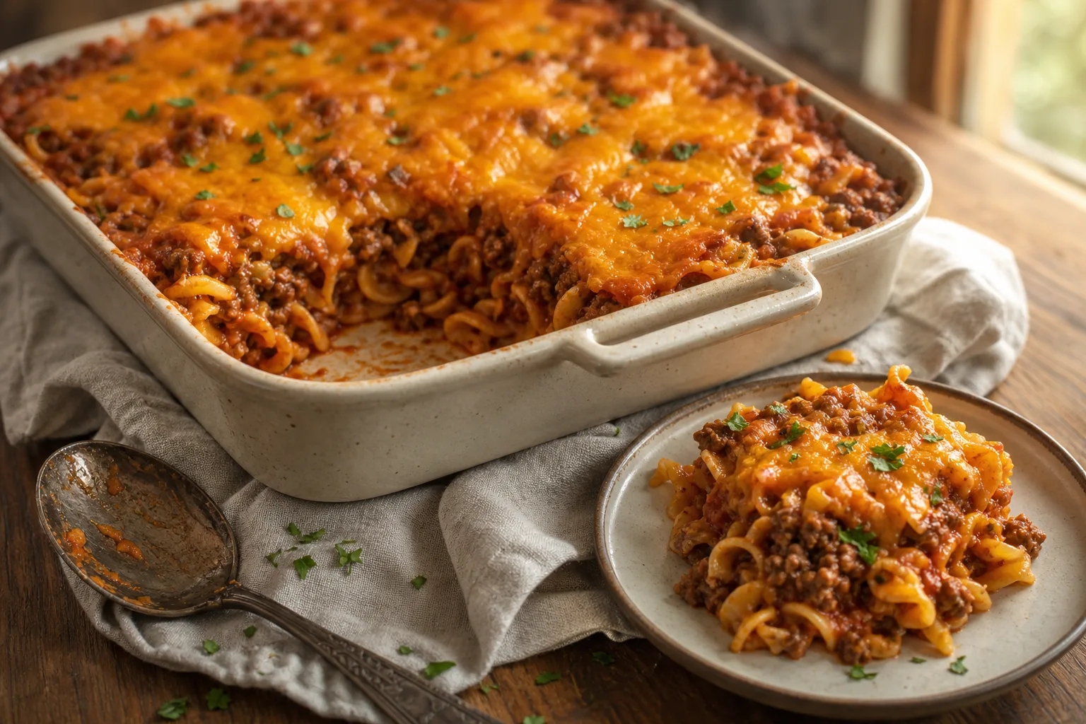 Baked hamburger casserole with egg noodles and beef under a browned cheddar top, one corner scooped out