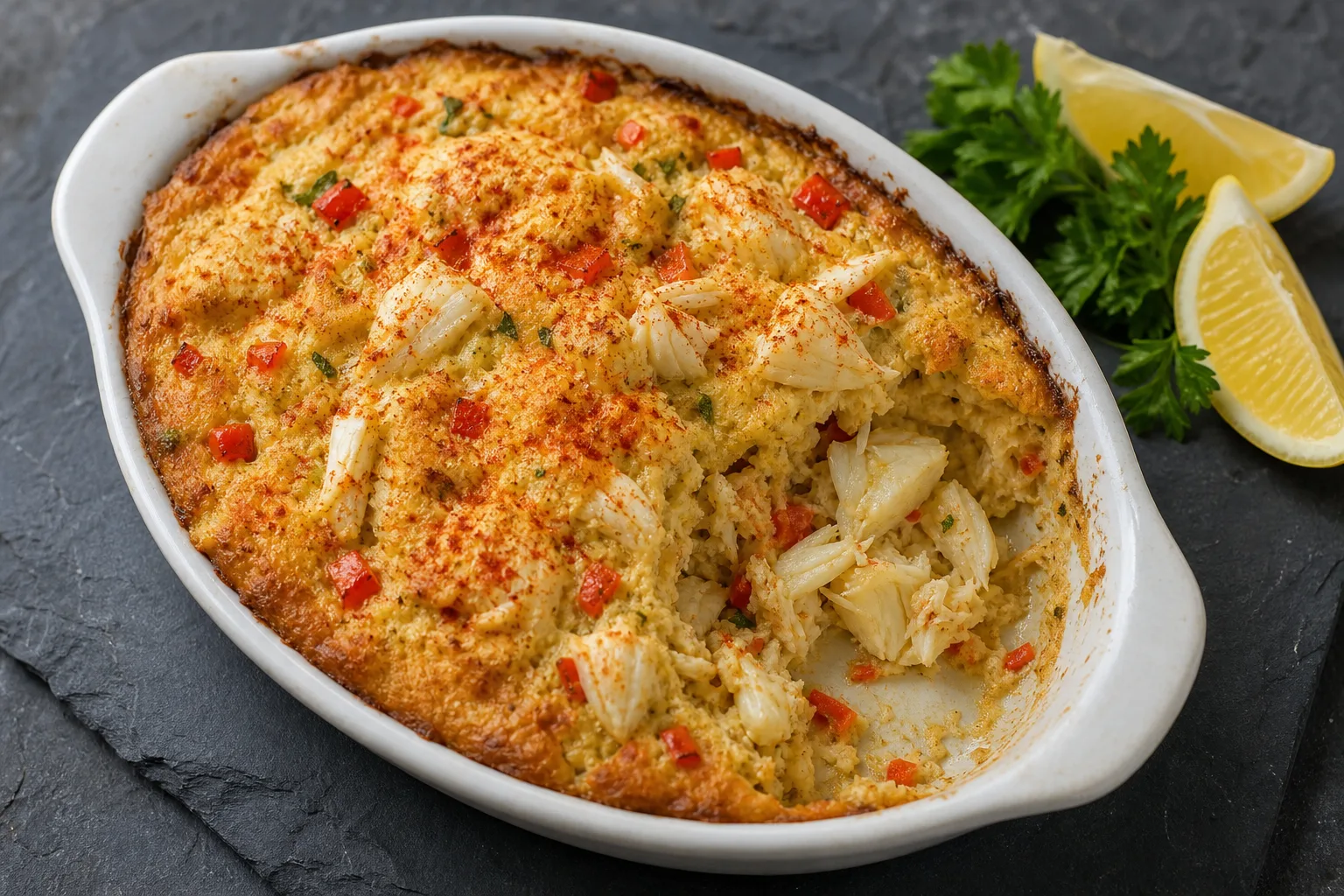 Shallow white gratin dish of baked crab imperial with a paprika-dusted top and large lumps of crab visible in one scoop