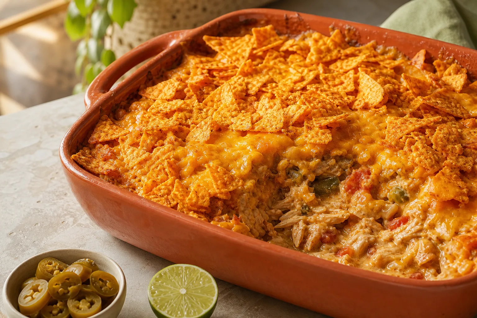 Dorito chicken casserole with a crust of broken orange corn chips over melted cheese, one corner scooped out
