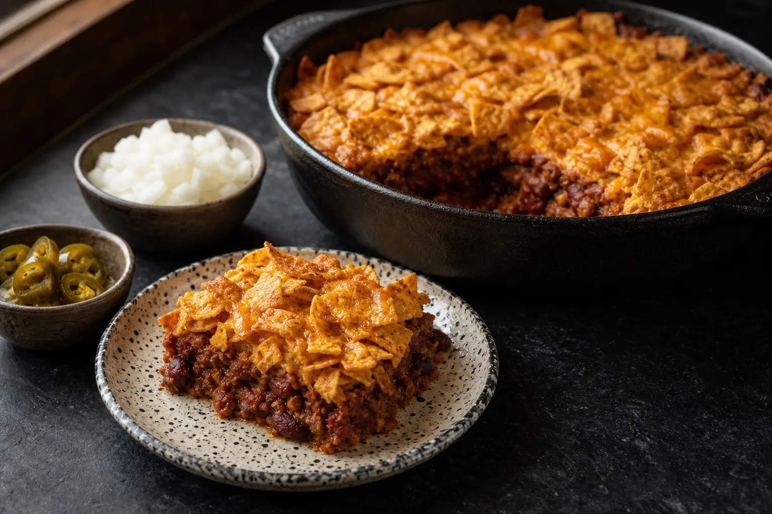 Corn chip and chili casserole in a cast-iron dish with a browned cheddar top, one square lifted out onto a plate