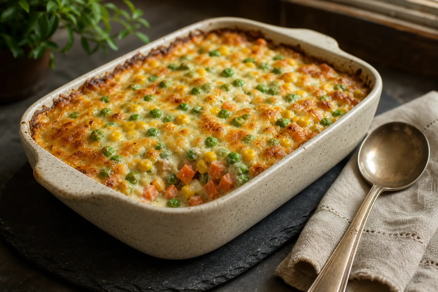 Frozen vegetable au gratin in a white baking dish, browned cheese with peas, corn and diced carrots showing