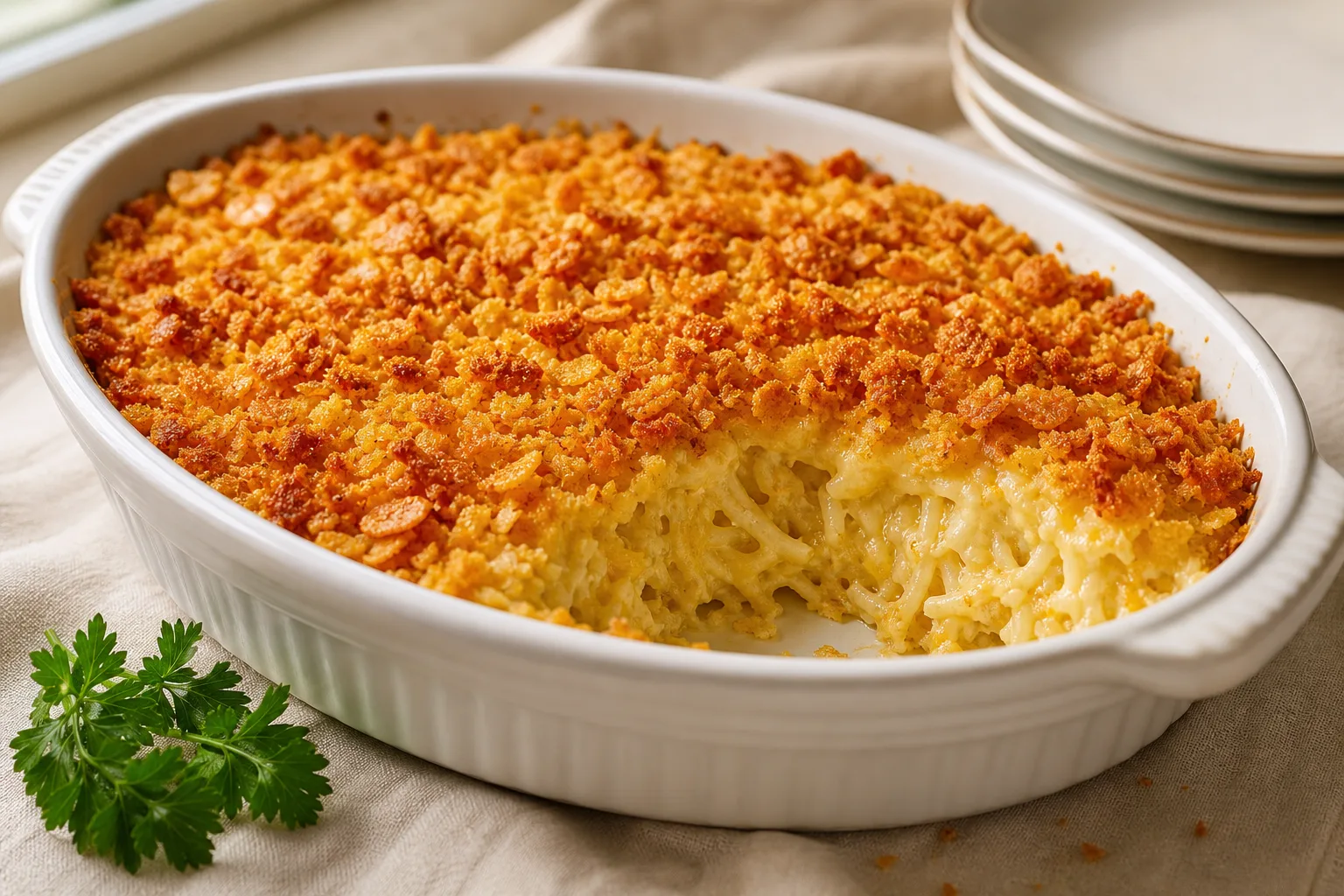Funeral potatoes in a white oval casserole dish with a golden cornflake topping and one corner scooped out