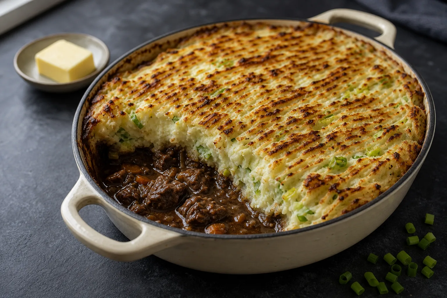 Fork-ridged mashed potato top browned over dark beef braise in a wide cream enameled casserole dish