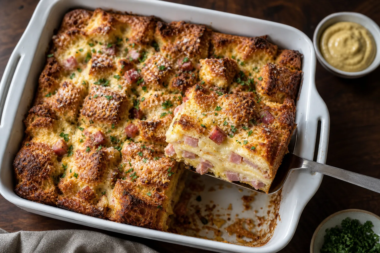 Baked ham and cheese breakfast strata in a white dish, one square lifted to show distinct layers of bread, ham and melted cheese
