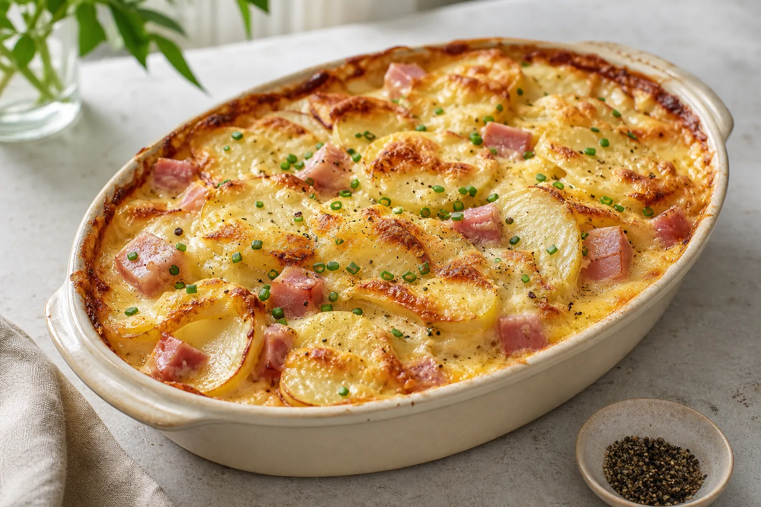Baked ham and potato casserole in an oval stoneware dish, browned on top, with chives scattered beside it