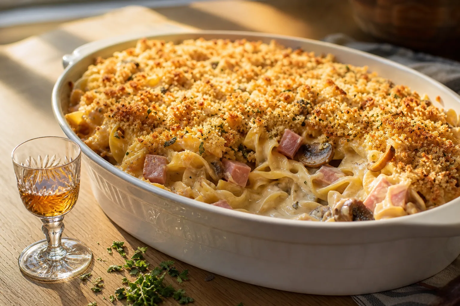 Ham tetrazzini in a white oval dish, wide egg noodles in cream sauce with mushrooms and cubed ham under a crumb crust