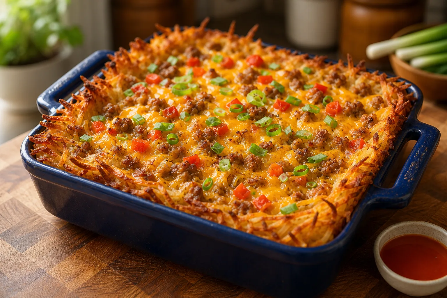 Hash brown breakfast casserole in a dark blue baking dish with a crisp golden potato crust up the sides and melted cheddar on top