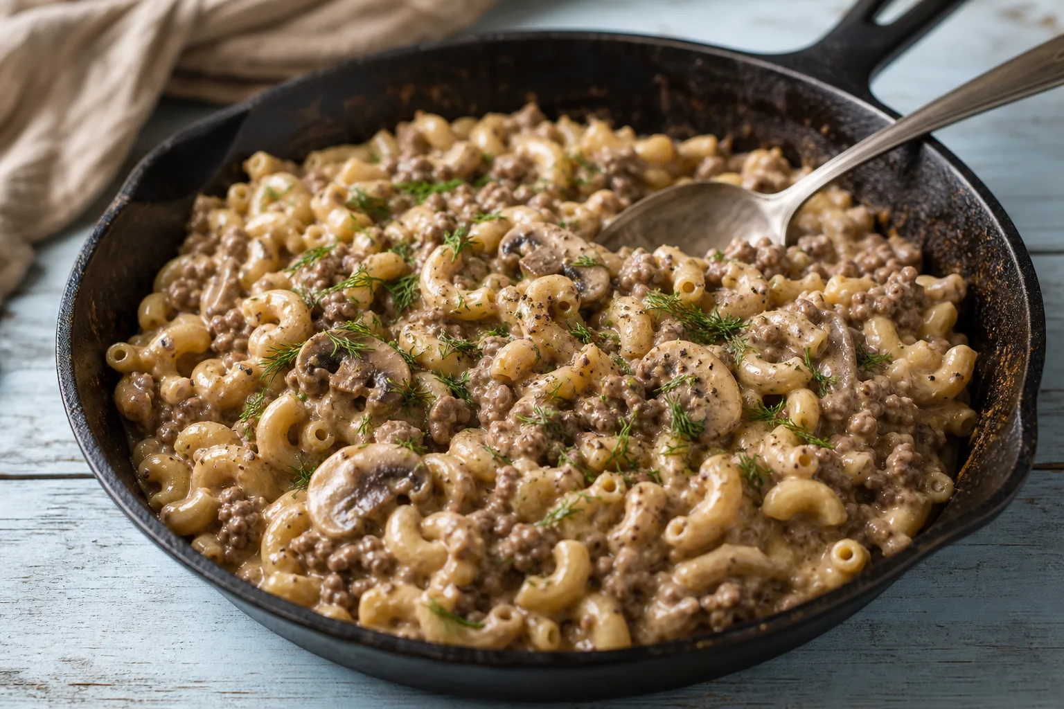 Elbow macaroni in pale tan sour cream gravy with ground beef and sliced mushrooms in a cast iron skillet, topped with dill