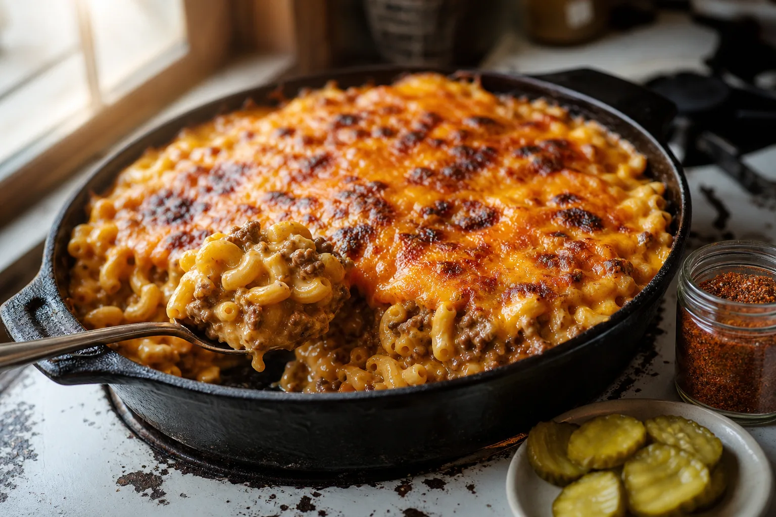 Cast iron skillet of elbow macaroni and ground beef in orange cheese sauce with a browned cheddar top, spoon resting in it