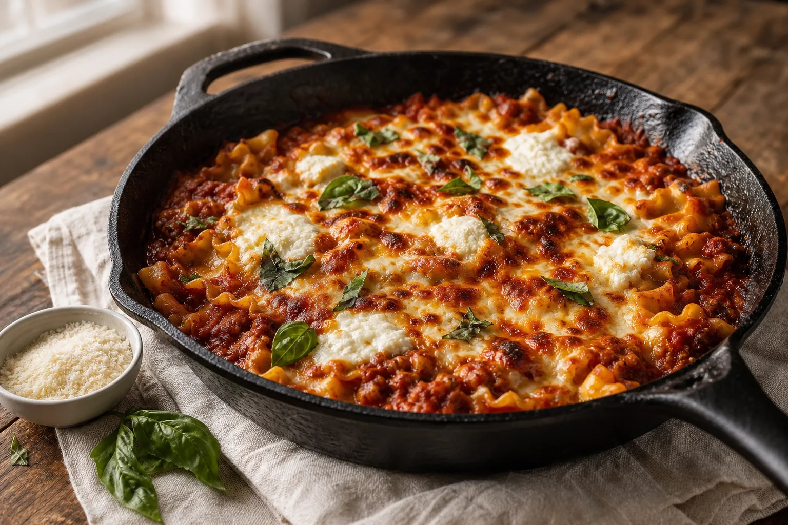 Broken lasagna noodles in red beef sauce in a cast-iron skillet, topped with white ricotta dollops and browned mozzarella