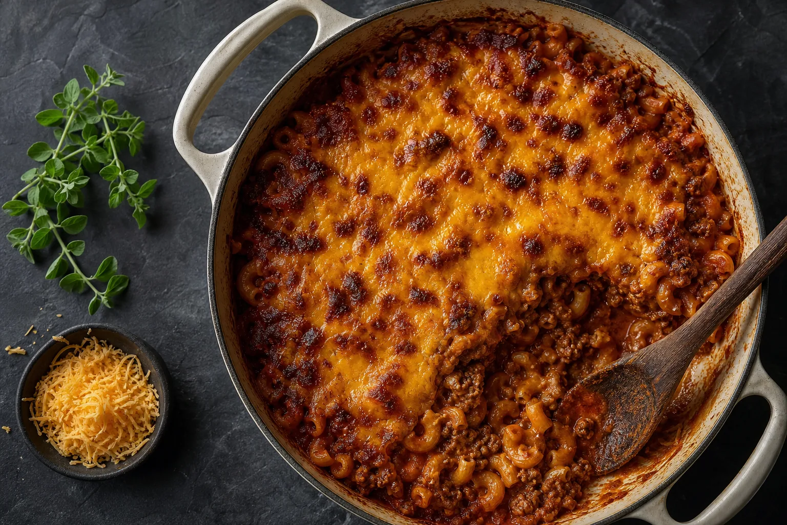 Johnny Marzetti casserole of macaroni and beef in tomato sauce under browned melted cheddar in a cast-iron braiser
