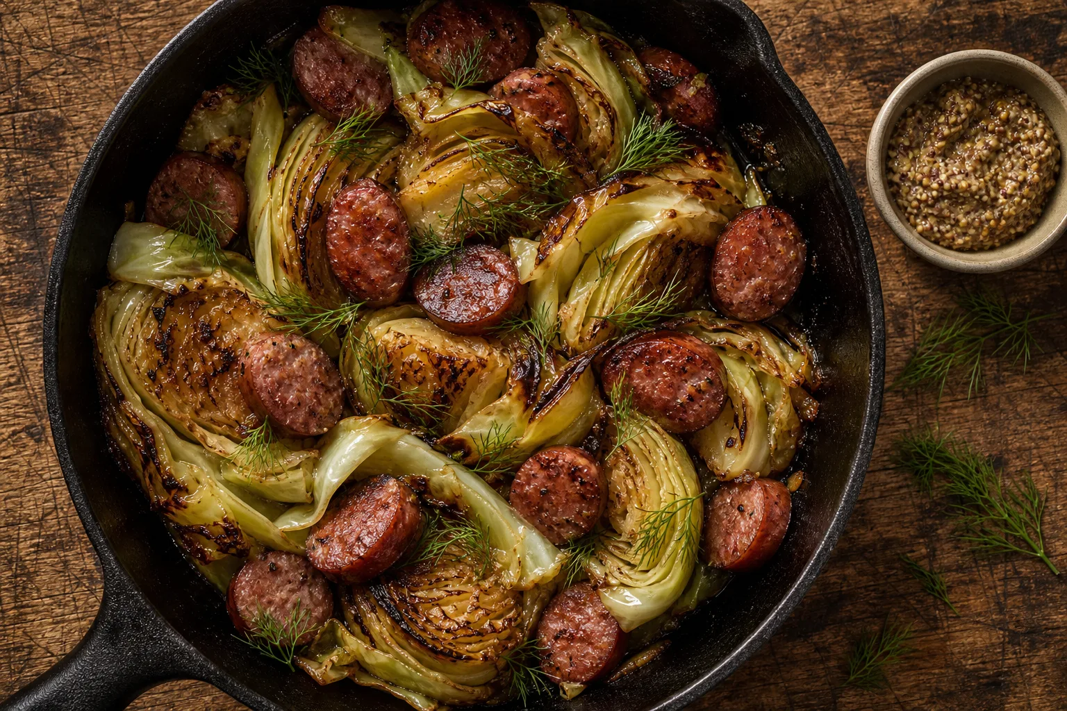 Kielbasa and cabbage bake in a cast iron skillet with browned cabbage wedges, sausage coins, and fresh dill