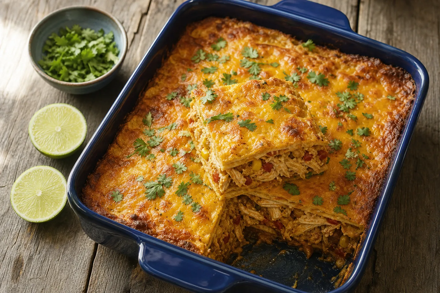 King Ranch chicken casserole in a blue dish, one square removed to show tortilla and chicken layers under browned cheese