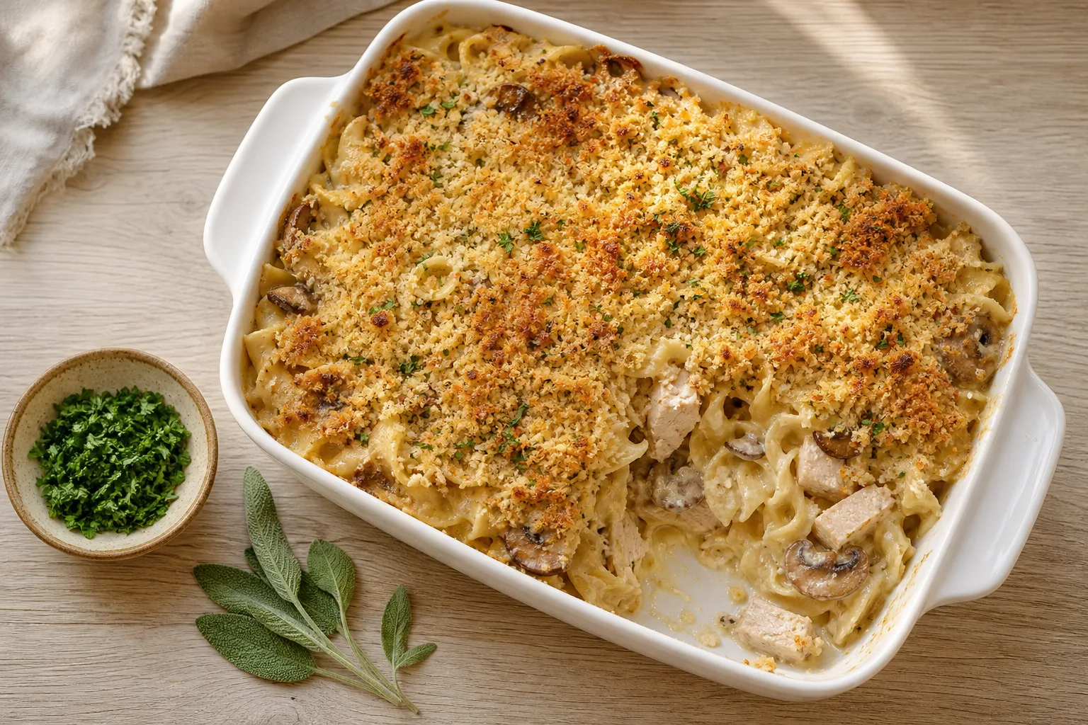 Turkey tetrazzini in a white baking dish with a corner scooped out, showing egg noodles, mushrooms and turkey in cream sauce
