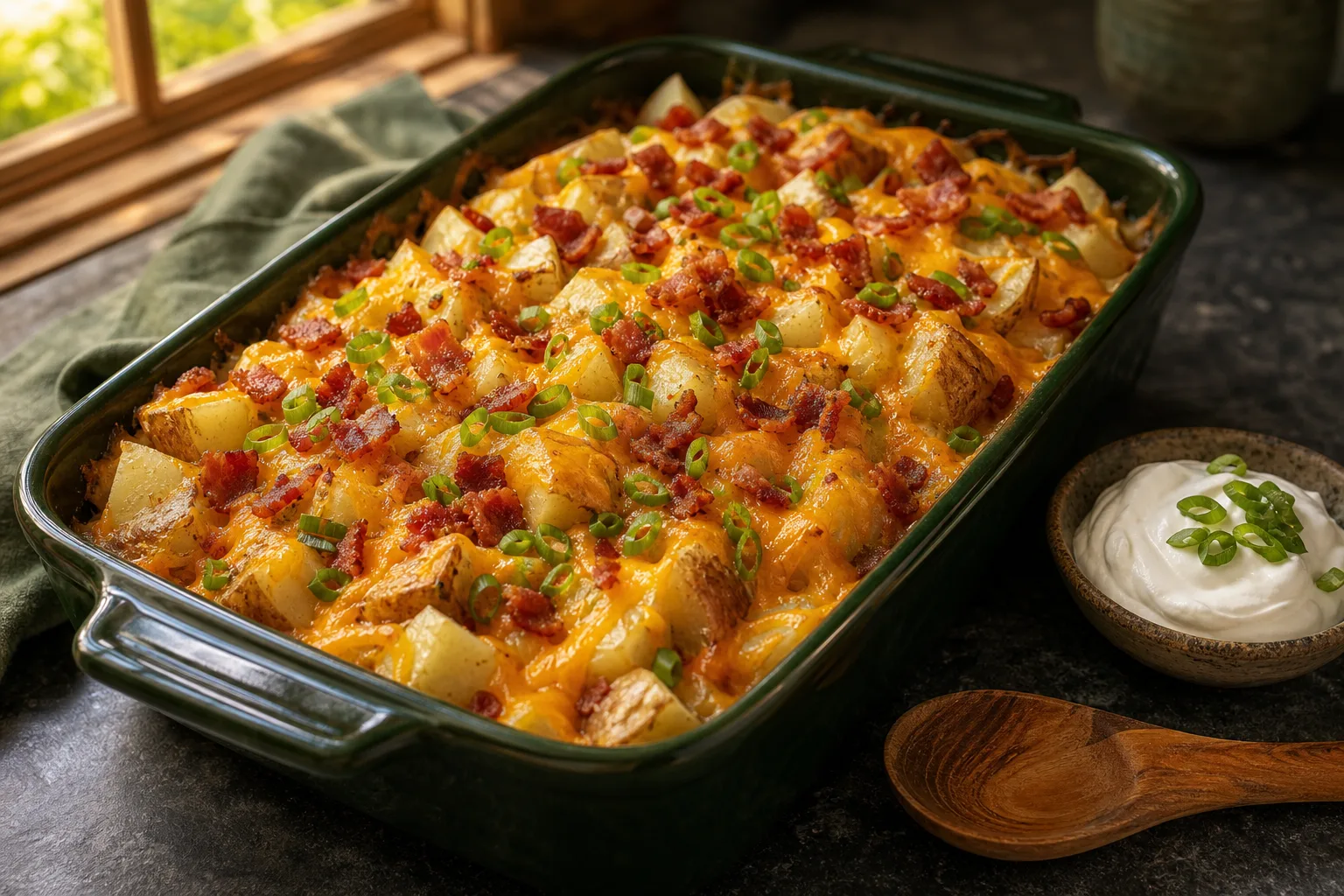 Loaded baked potato casserole in a dark green dish topped with melted cheddar, crisp bacon, and sliced scallions