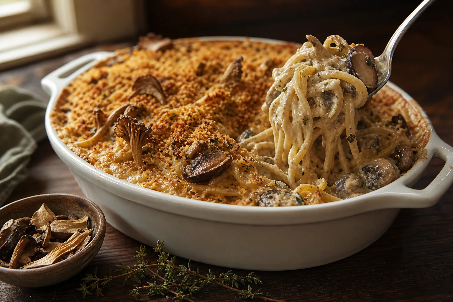 Mushroom tetrazzini in a white oval dish, a spoon lifting linguine in dark cream sauce with thick browned mushrooms