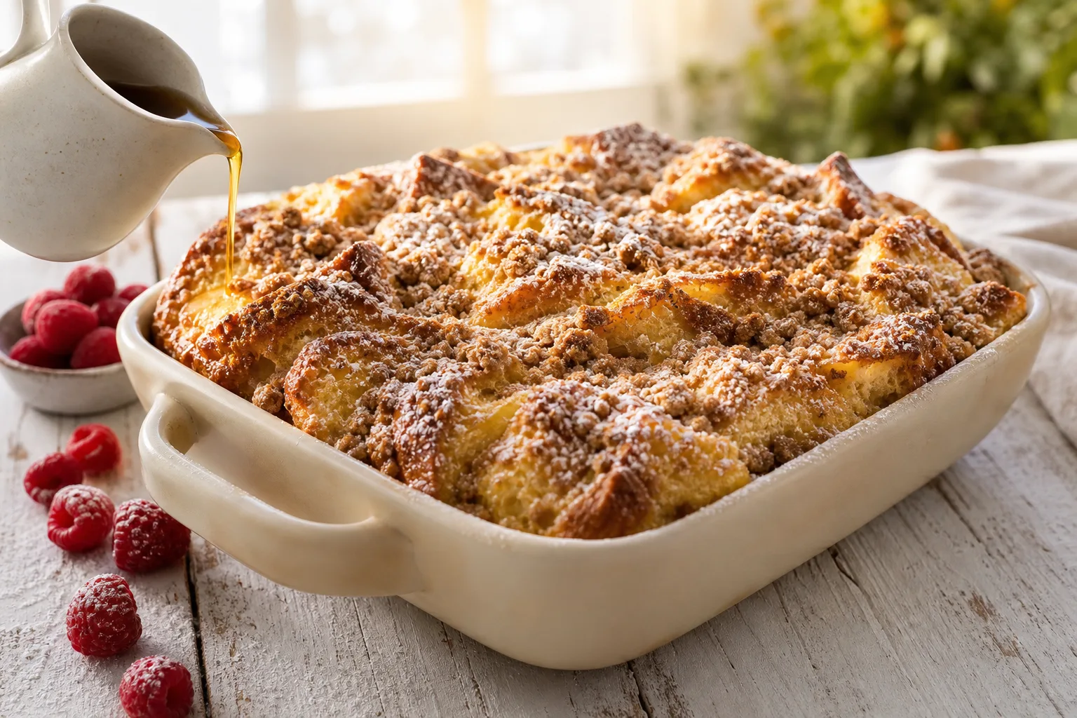 Overnight French toast casserole in a cream stoneware dish with a craggy brown sugar streusel top, maple syrup and raspberries beside it