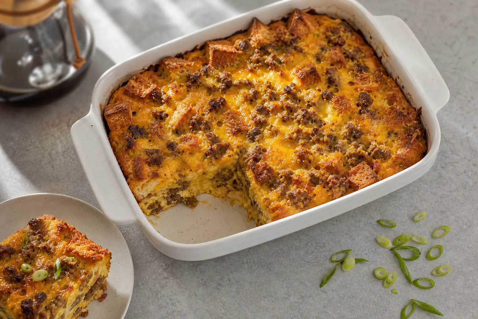 Baked sausage, egg, and cheese breakfast casserole in a white dish with a browned cheese top and one corner portion removed