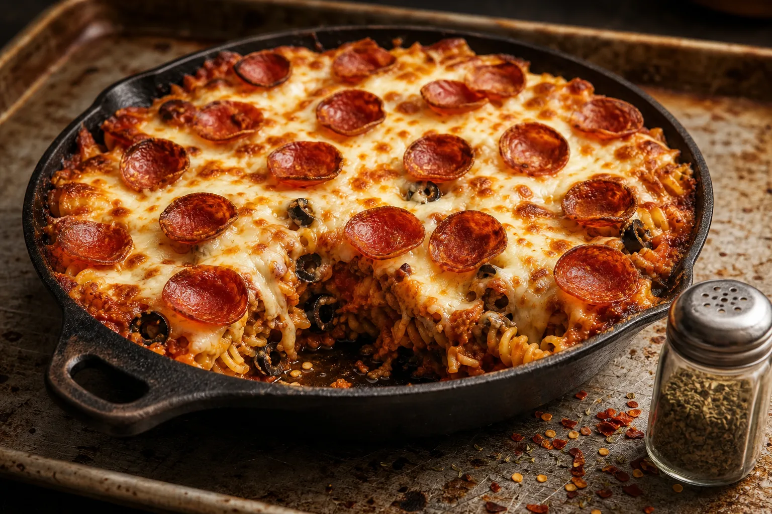 Pizza casserole in a cast iron skillet topped with curled browned pepperoni over blistered melted mozzarella