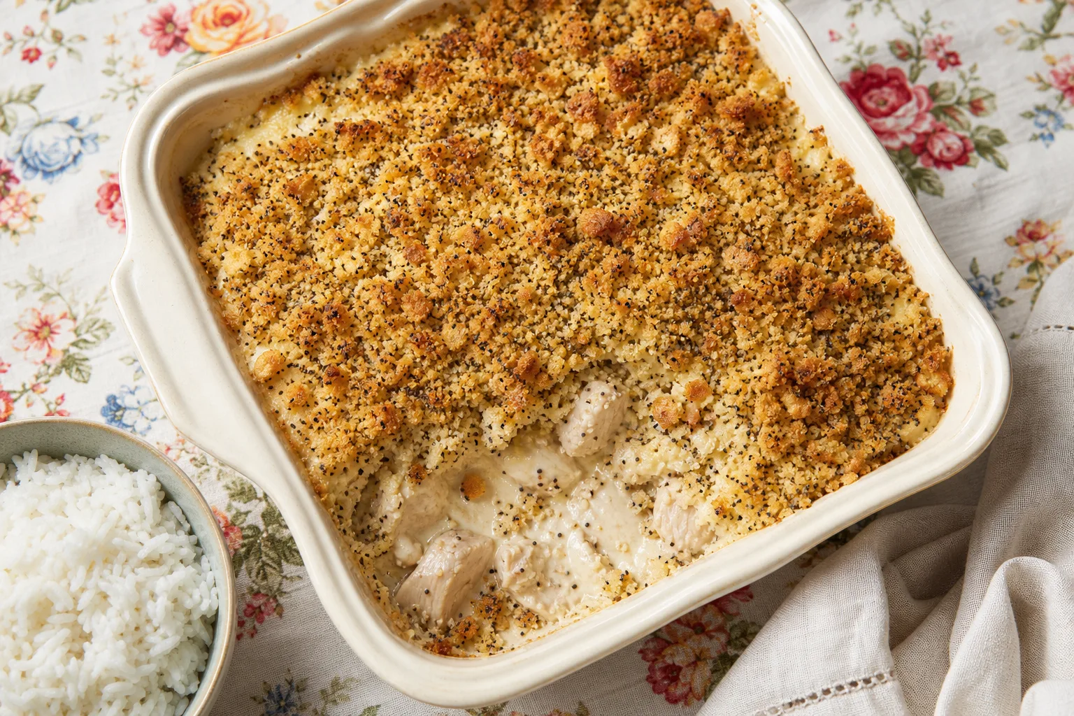 Poppy seed chicken casserole with a golden cracker crumb topping, one corner spooned out to show the creamy chicken beneath