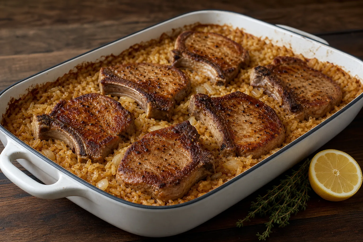 Six thick browned bone-in pork chops resting on golden rice in a white enamel roasting pan