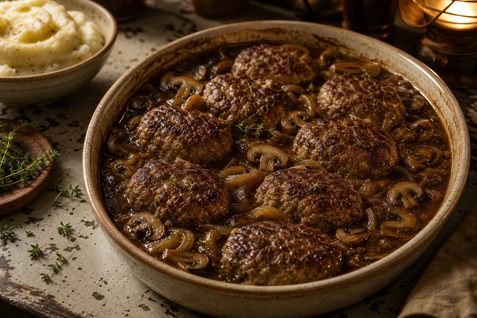 Browned Salisbury steak patties nestled in dark mushroom and onion gravy in a shallow oval baking dish