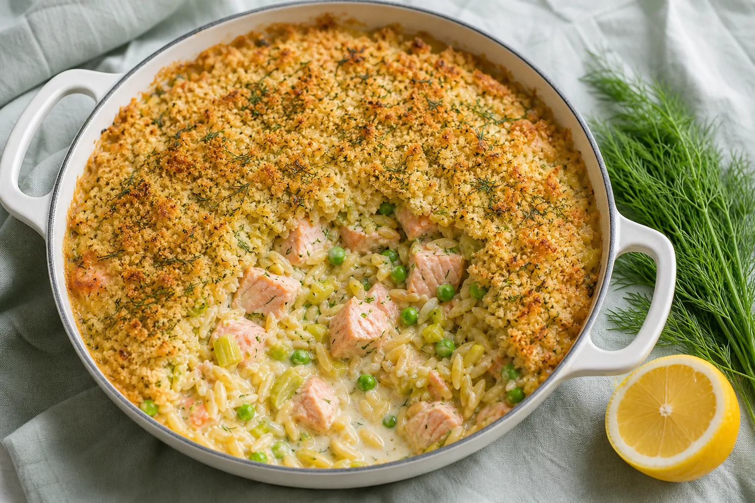 White baking dish of salmon and orzo casserole with a golden dill crumb crust broken open to show pink salmon cubes and peas
