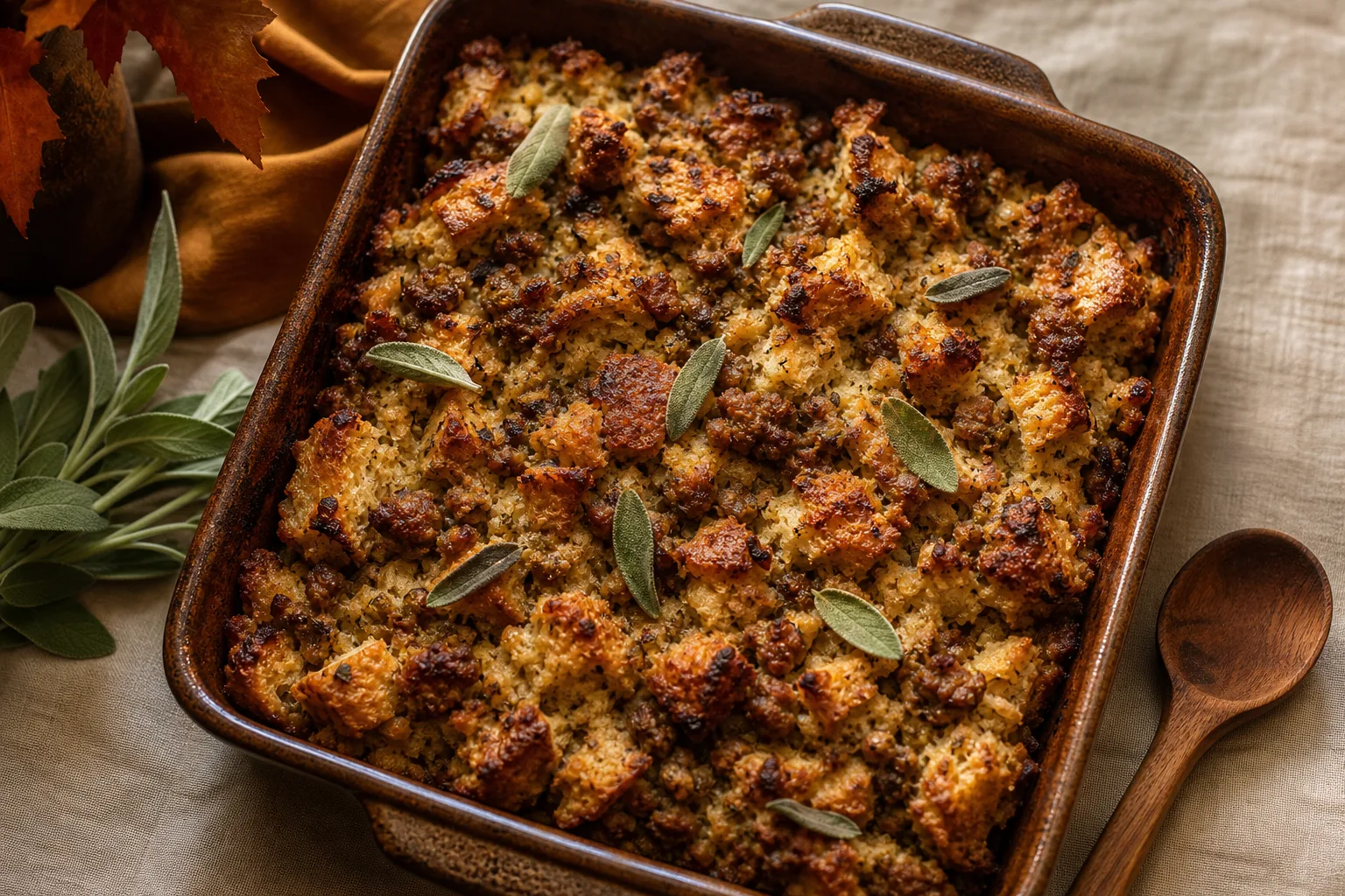 Sausage and stuffing casserole in a brown stoneware dish with a craggy golden top and sage leaves beside it