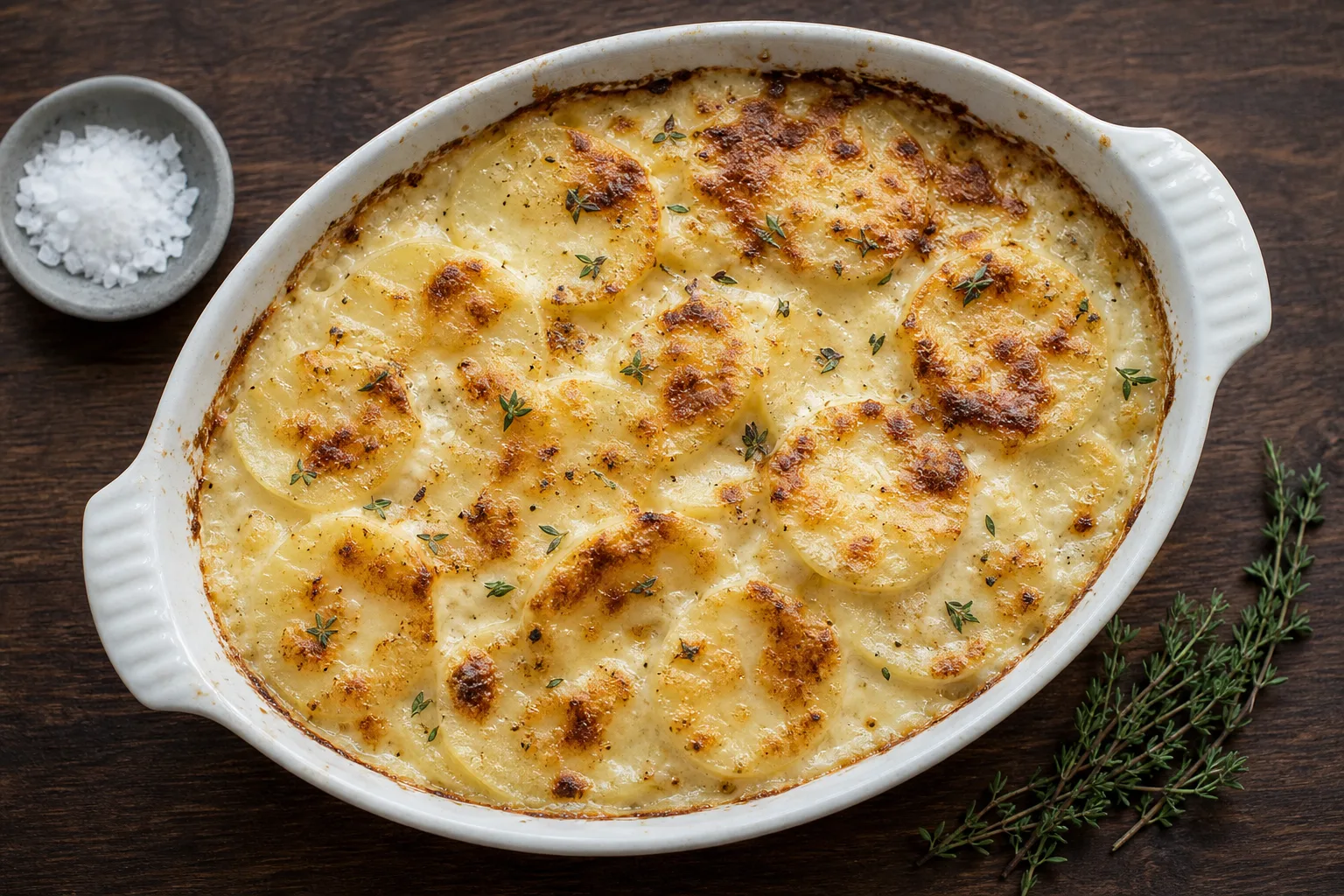 Scalloped potatoes in an oval white dish, thin overlapping slices in cream with browned patches on top