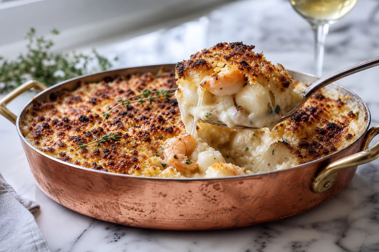 Shallow copper gratin pan of seafood au gratin, browned cheese crust with a portion lifted to show shrimp and scallops